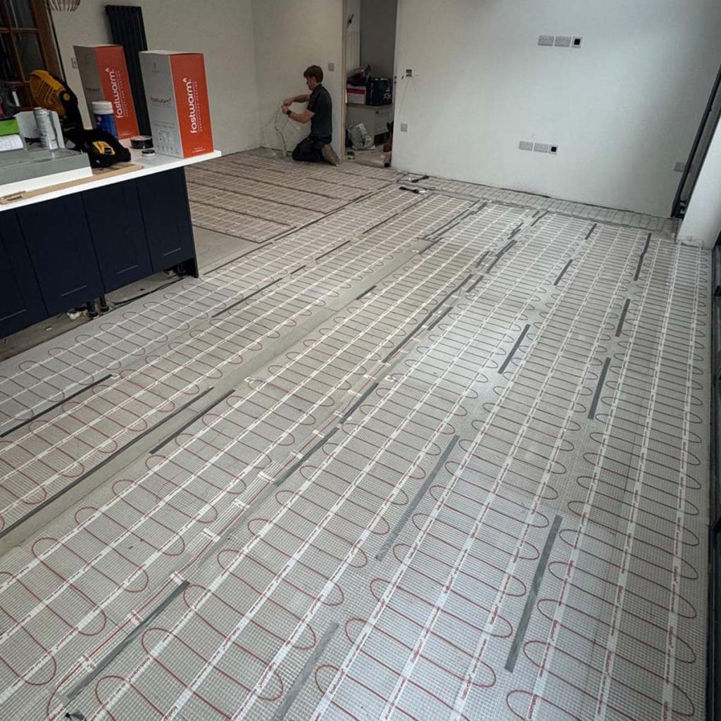 Completed Underfloor Heating installation inside of kitchen.